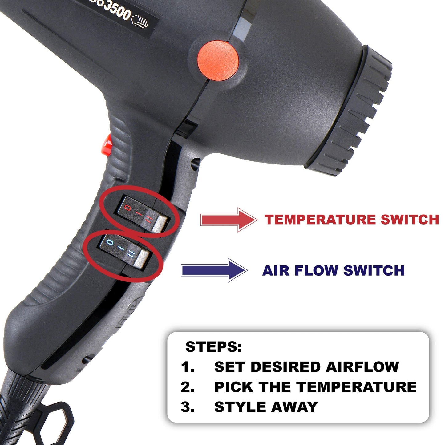 Turbo Power Twin Turbo 3500 Black Hair Dryer + M Hair Designs Tangle Stop Cord Detangler (Bundle) - Professional High-Performanc