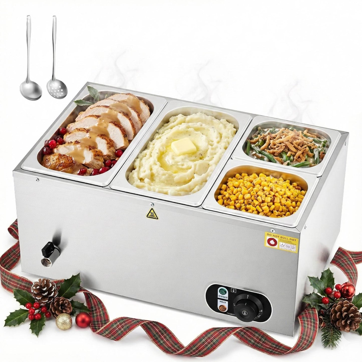 WILPREP Commercial Food Warmer with Two 1/3 & Two 1/6 Pans, 1500W Countertop Electric Warmer, 86-185°F Adjustable Temp Control, Stainless Steel Buffet Bain Marie