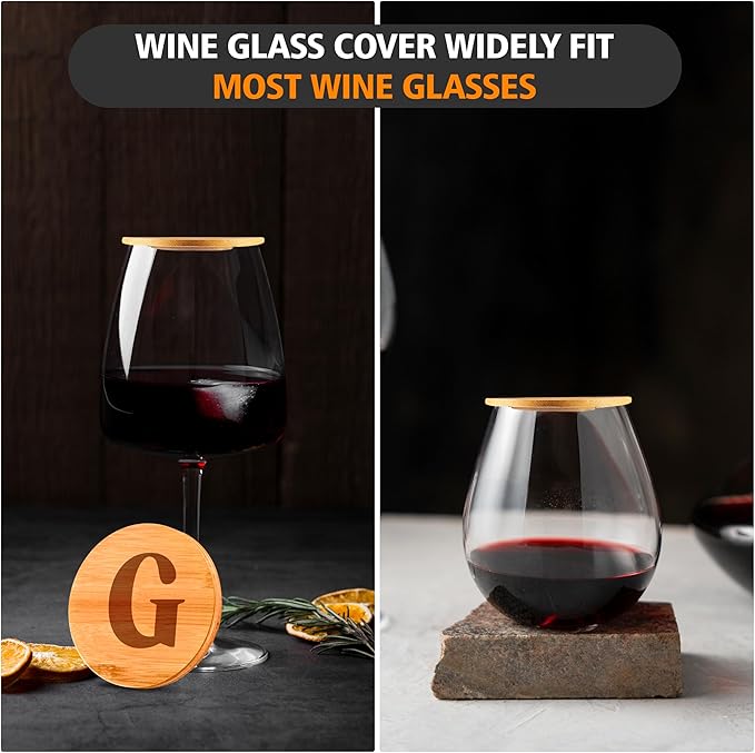 Personalized Wine Glass Charcuterie Topper - Custom Laser Engraved Initial Bamboo Wine Glass Topper Stopper Coasters Plate ID Identification Wine Glass Charcuterie Board Topper (Letter G)