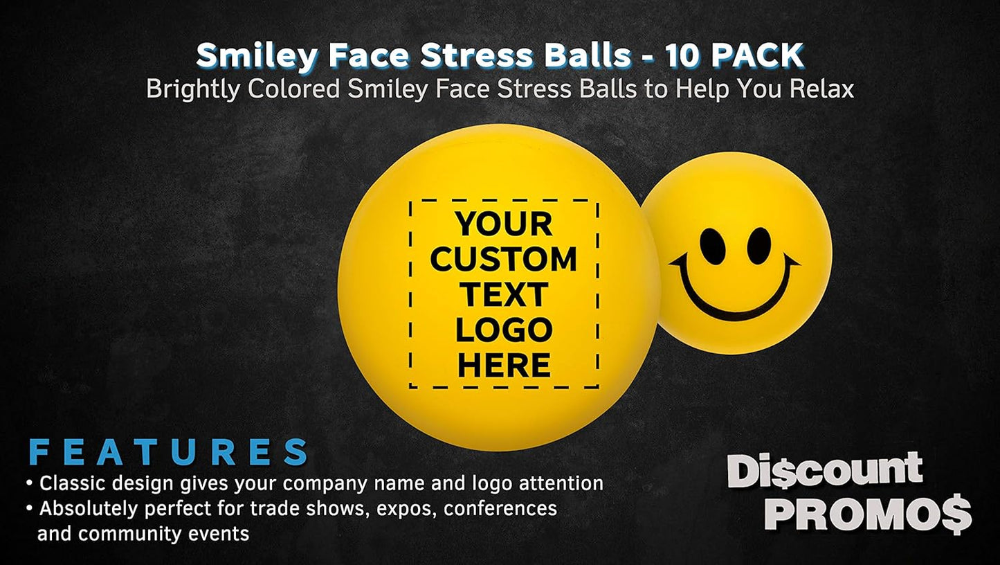 DISCOUNT PROMOS Custom Smiley Squeeze Balls Set of 10, Personalized Bulk Pack - Perfect for Promotional Giveaways - Yellow