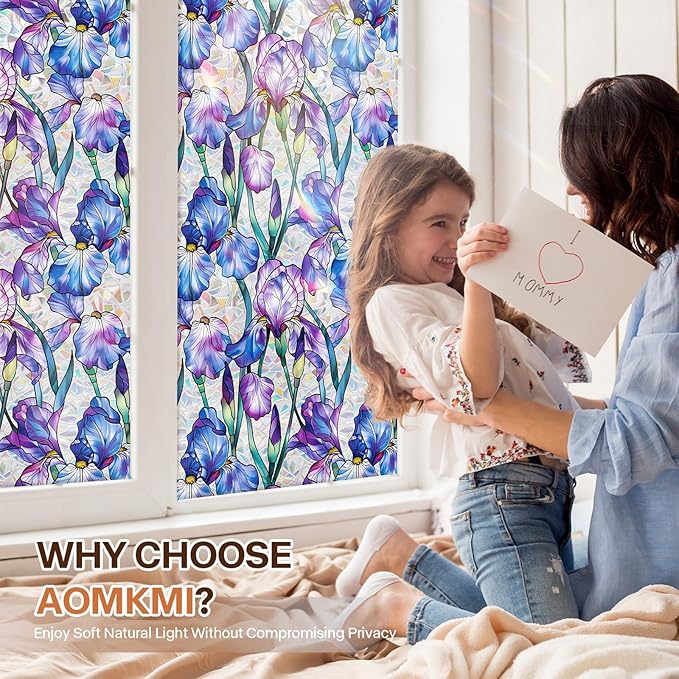 Stained Glass Window Film UV Resistant Window Privacy Film Purple Floral Privacy Rainbow Decals Living Room Bedroom Sun Blocking Decor Removable Static Cling Stickers 17 x 39.37 Inch