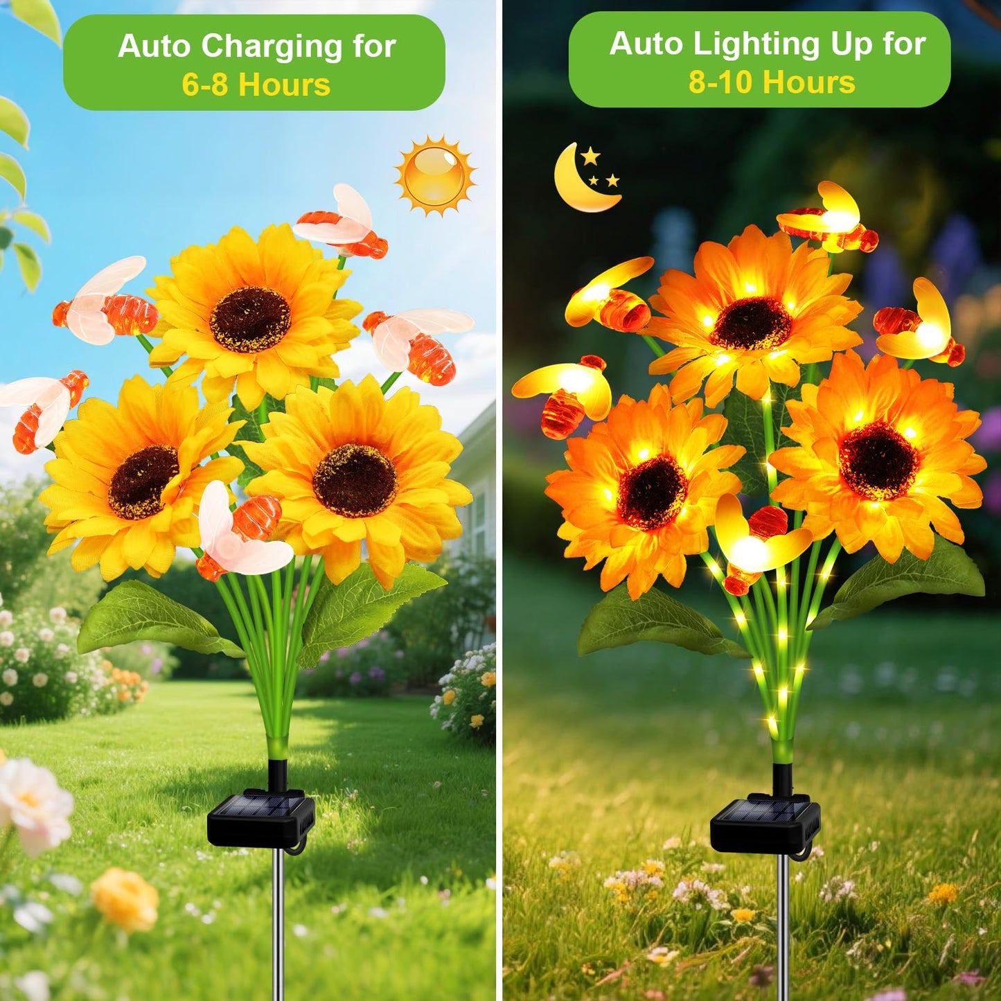 ANGMLN Solar Garden Lights - 4 Pack Swaying Bee with Sunflowers, Warm White, Waterproof Outdoor Decor, Model XM-6Tsunflowerbee-4