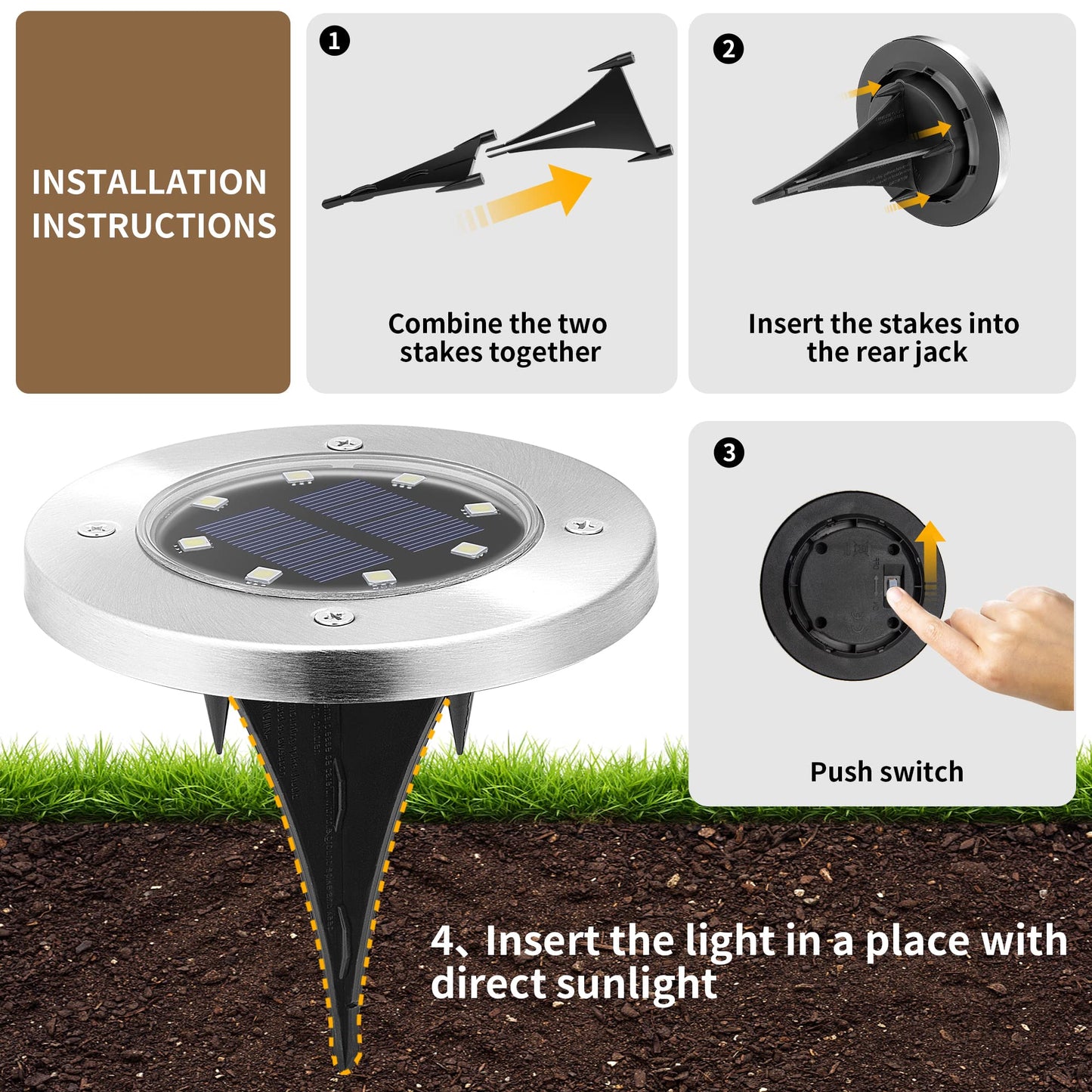 SOLPEX Solar Ground Lights, 20 Pack, Waterproof Stainless Steel, Warm White - Model 8631 for Pathway, Driveway, Patio, Backyard