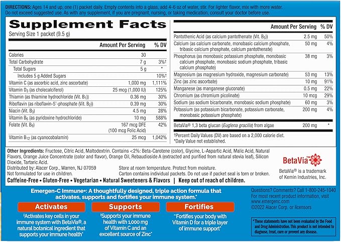 Emergen-C Immune+ Triple Action Immune Support Powder, BetaVia (R), 1000mg Vitamin C, B Vitamins, Vitamin D and Antioxidants, Super Orange – 30 Count (Pack of 1)