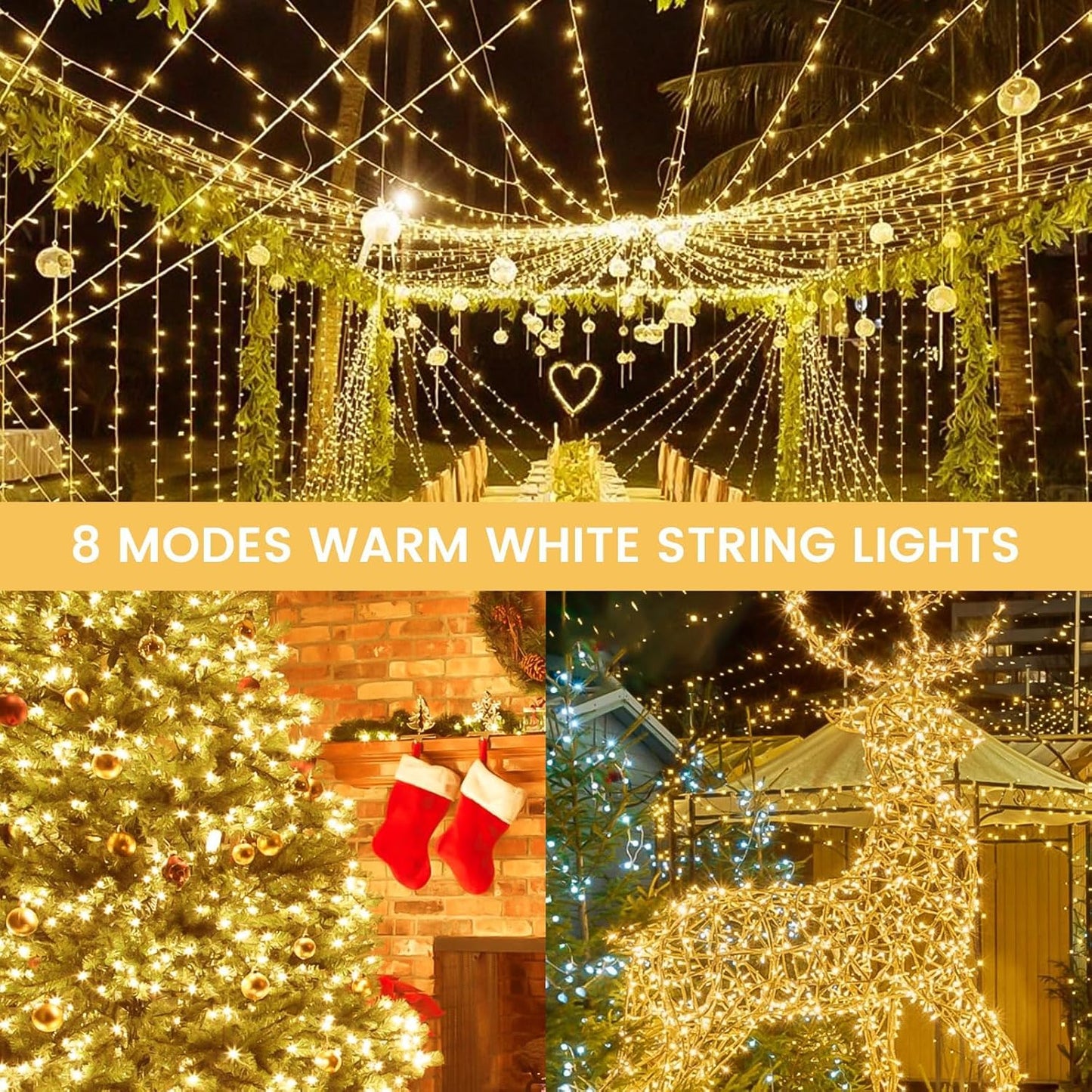 4 Pack Christmas String Lights Battery Operated With Timer  66Ft 200 Led Waterproof Twinkle Lights  8 Modes Fairy Light For Indoor And Outdoor Bedroom Garland Tree Christmas Decorations (Warm White)