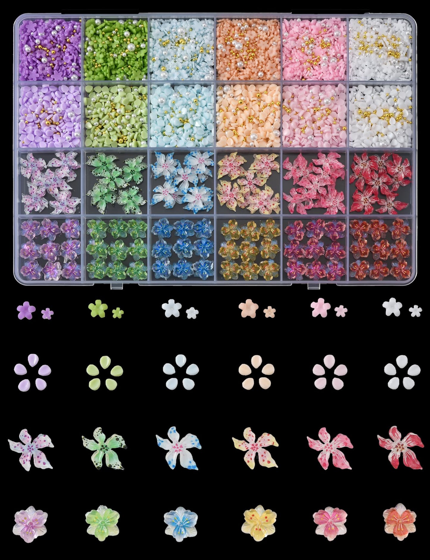 OPMADM 3000 Pcs 3D Flower Nail Charms and Gems 24 Grid Charms for Nails Design Colorful Nail Art Charms 4 Styles of Big and Smal