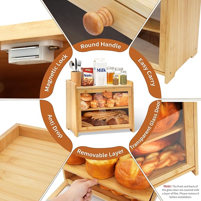 Bamboo Bread Box for Kitchen Countertop, Double Layer Large Capacity Bread Storage Cabinet with Removable Cutting Board, Farmhouse Breadbox Container Organizer Bins for Pantry Shelf Cupboard (Natural)