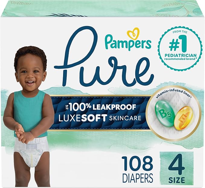 Pampers Pure Protection Baby Diapers, Size 4 (22-37 lbs), 108 Count, Up to 100% Leakproof, Premium Plant-Based Skin Protection, Hypoallergenic Soft Diapers
