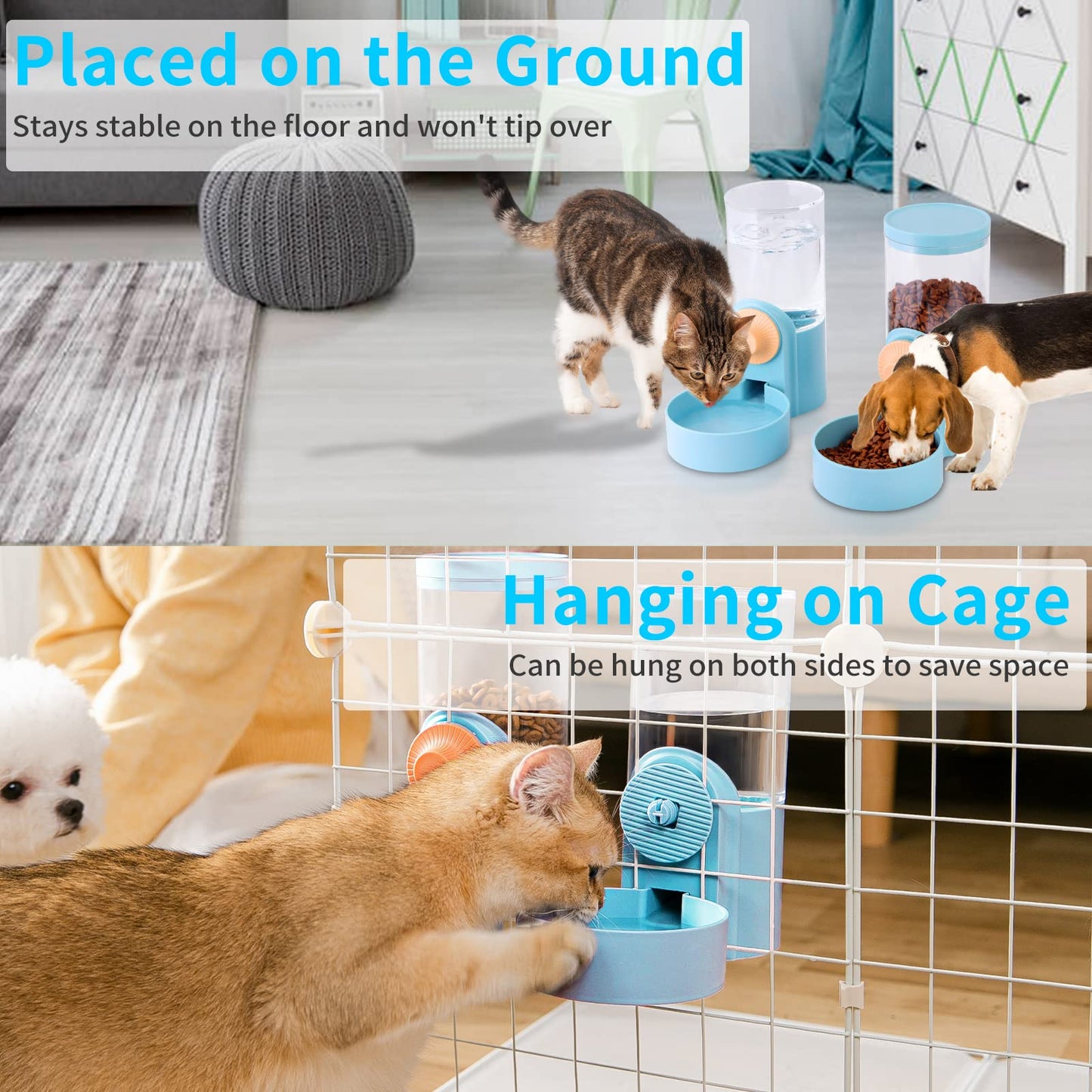 Kenond 40oz Hanging Automatic Rabbit Food and Water Dispenser, Dog Cage and Ferret Feeder, Gravity Cat Feeder Set, Cage Food Bowl for Bunny, Guinea Pig, Chinchilla (Green)