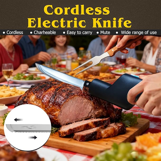 YOTAN Cordless Electric Knife, Electric Turkey Carver, Portable Rechargeable Lithium Electric Knife with Safety Lock, for Carving Meat, Turkey, Fish, Poultry, Steak, Bread, Vegetables, Handmade