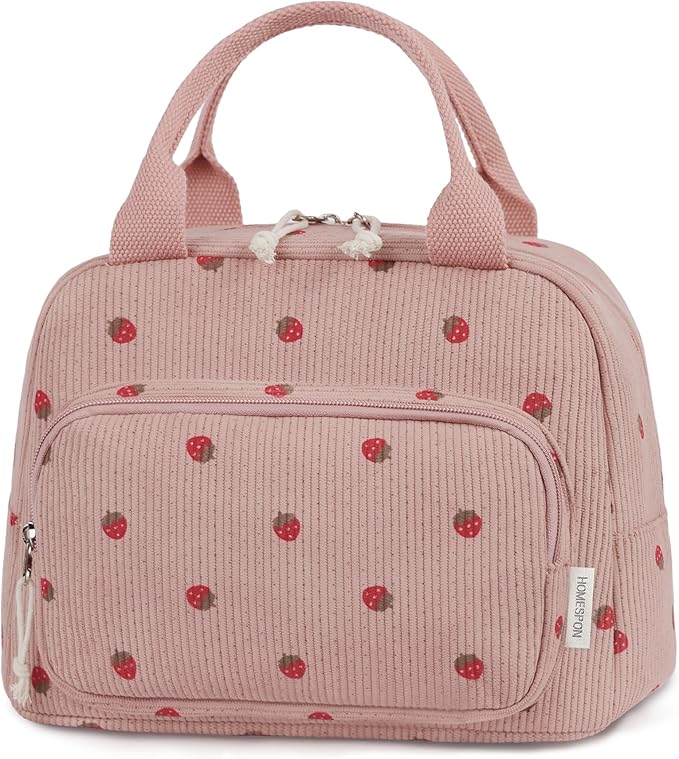 HOMESPON Lunch Bag for Women Men Adults with Front Pocket Cute Corduroy Insulated Lunch Tote Large Capacity Lunch Box Cooler Container for Work Picnic or Travel (Strawberry Pink)