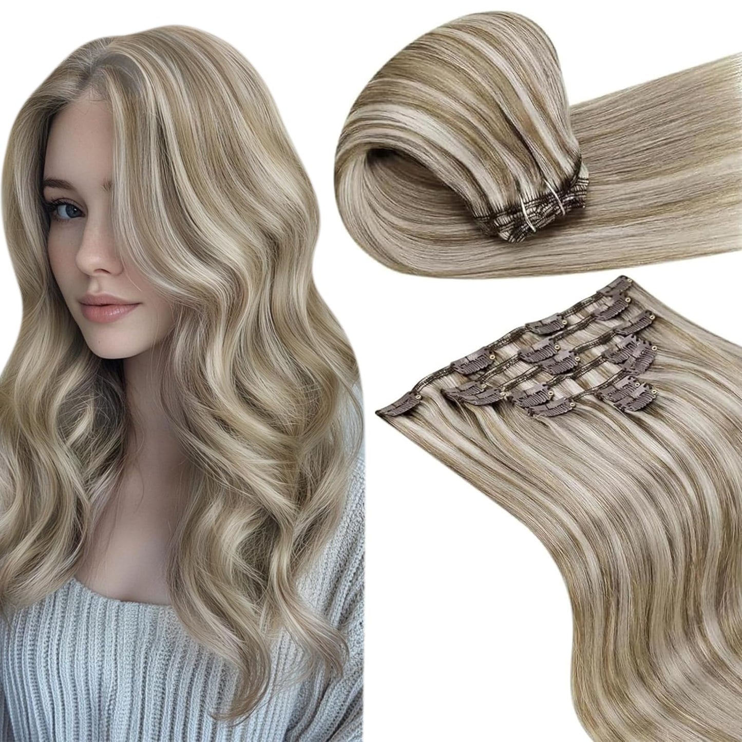 LaaVoo Clip in Extensions Real Human Hair Blonde Highlights Hair Extensions Clip ins Real Human Hair Light Brown Highlighted Pla