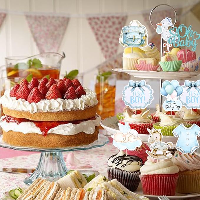 Rsstarxi 40 Pack Baby Cupcake Toppers Oh Baby Shower Decorations - Trojan Horse It's a Boy Cupcake Picks for Welcome Baby Boys Birthday Party Cake Decorations