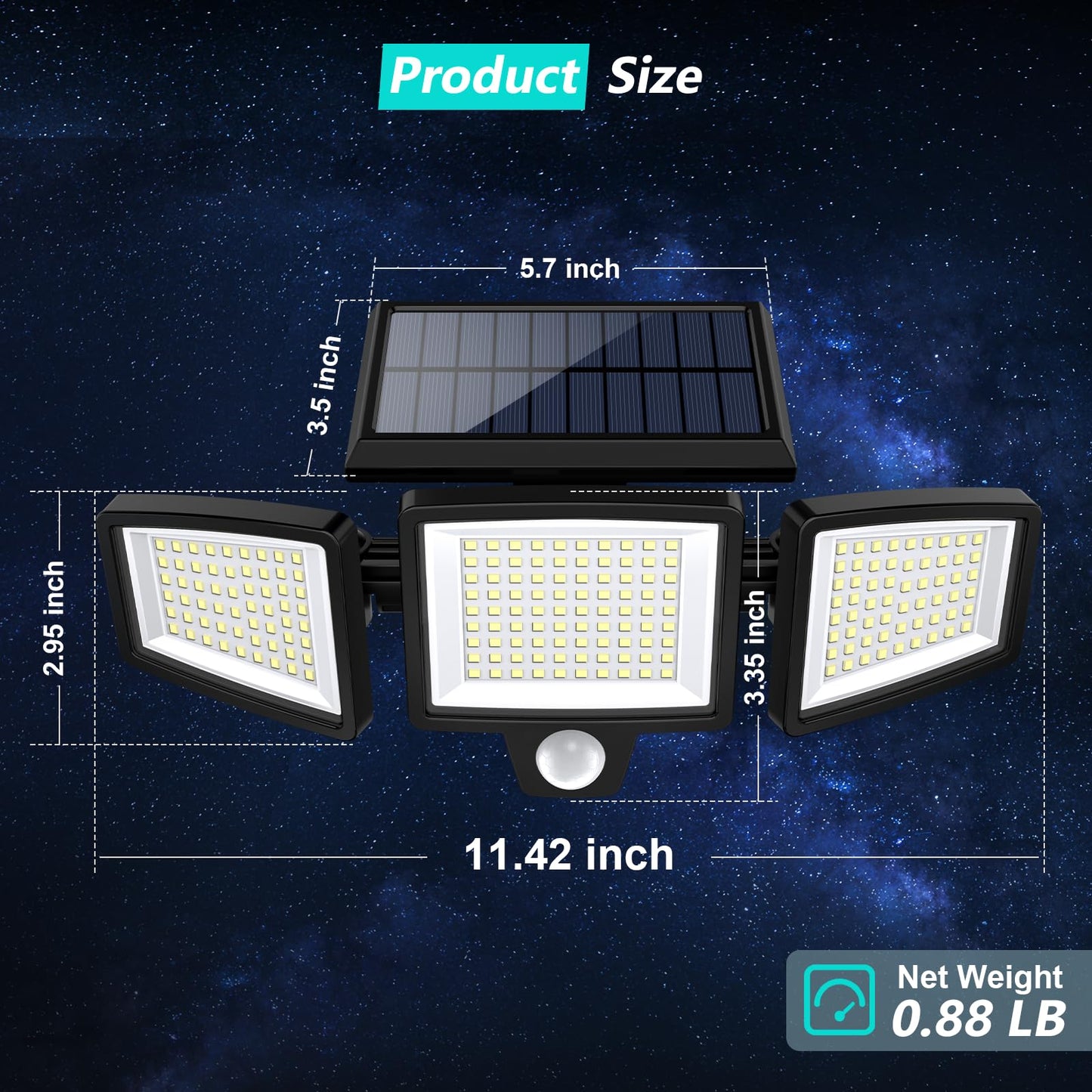 Tuffenough Solar Outdoor Lights 2500LM 210 LED Motion Sensor 3 Heads IP65 Waterproof 2 Pack Black Model 8330D-210R