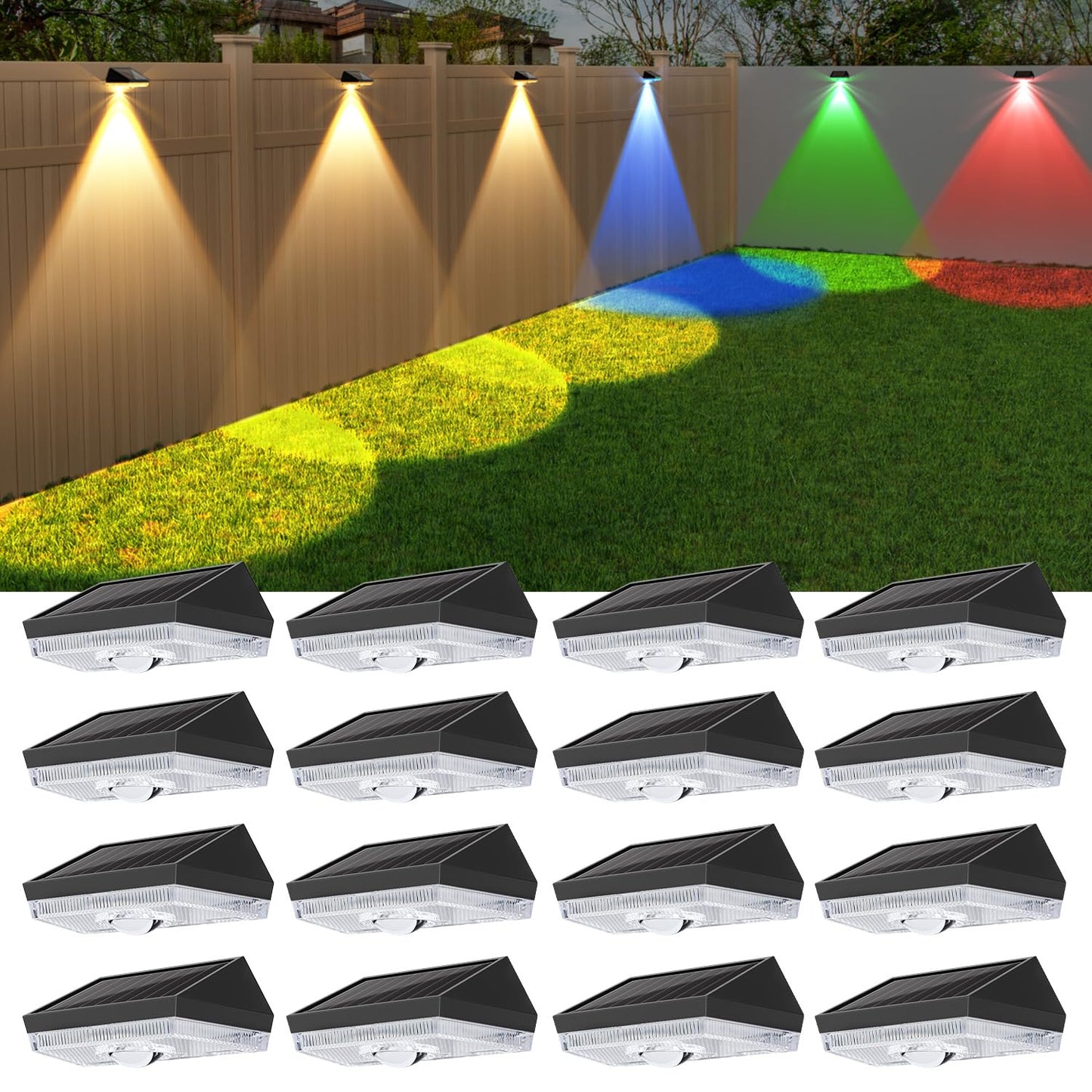 Ellasay Solar Powered Lights For Fence: 10 Lighting Modes With Rgb - Waterproof Ip65 - Bright Lens Led For Outdoor Wall Garden Deck Patio Porch Yard Pool 16 Pack