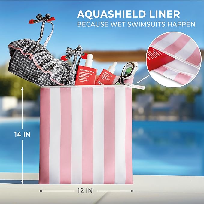 Bodysurf Wet Bags for Baby, Kids, Toddlers, Pump Parts, Cloth Diapers, Dirty Laundry - Wet Bag for Swimsuit, Beach, Pool, Gym, Travel - Reusable Waterproof Stripe Travel Toiletry Pouch - Dusty Pink