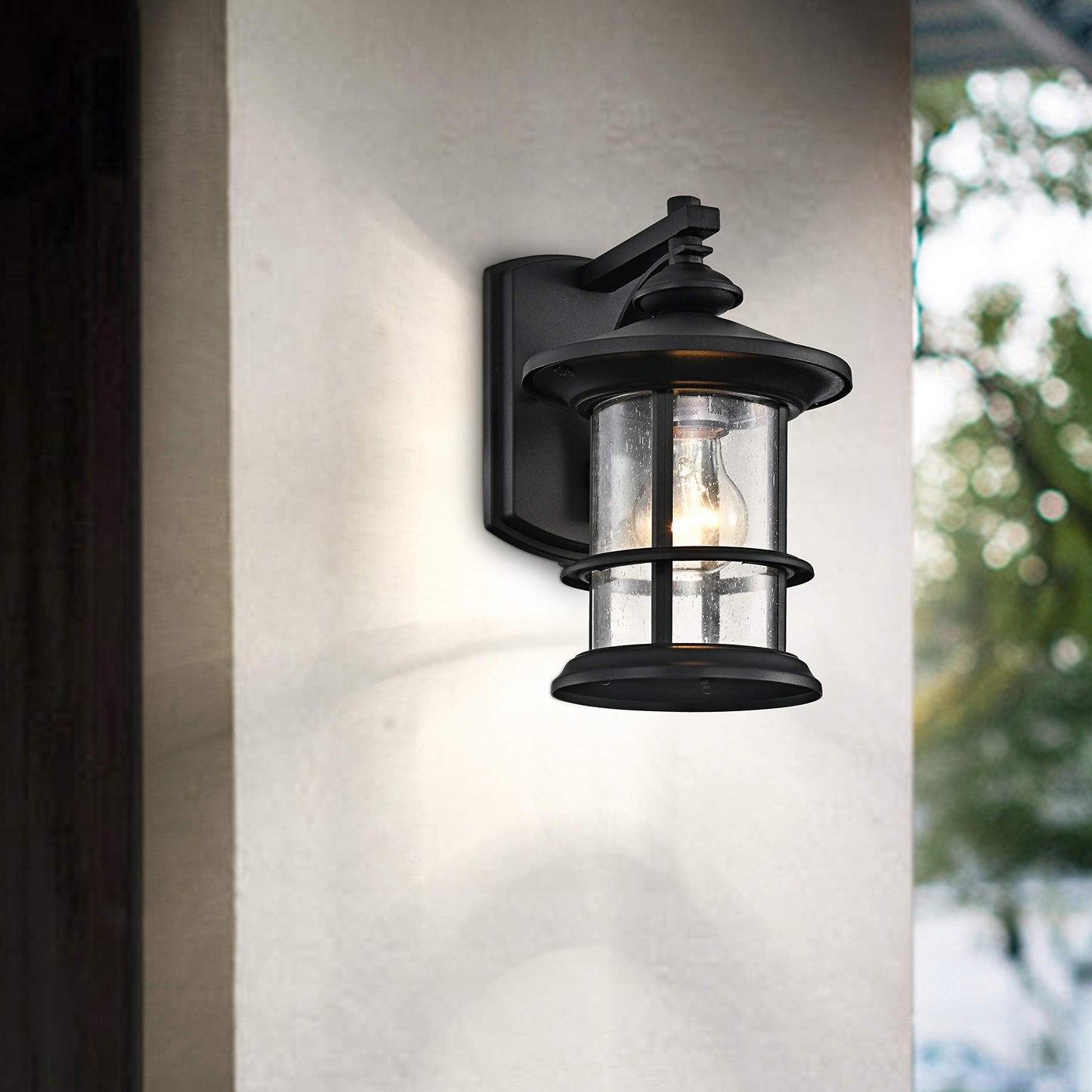 Micsiu Black Outdoor Wall Sconce 2 Pack, Waterproof Metal Fixtures With Clear Seedy Glass, 10 Height For Porch, Patio, Backyard
