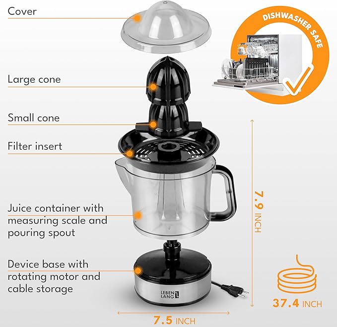LEBENLANG Electric Citrus juicer - 2 cones & BPA-free I High juice yield & Large Volume I 24oz Orange juicer squeezer I Esprimidoras electrico Exprimidor de limones y jugo naranjas for Juicers Machine