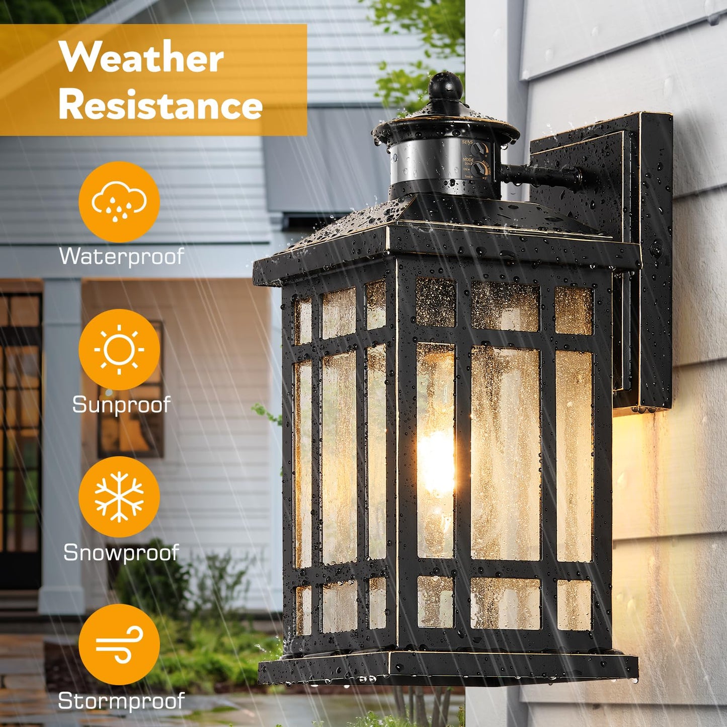 Distance-Adjustable Outdoor Lights For House  Modern Black Motion Sensor Outdoor Light With Gold Trim  Waterproof Dusk To Dawn Exterior Lighting Fixtures  Anti-Rust Outdoor Lanterns For Porch  Garage