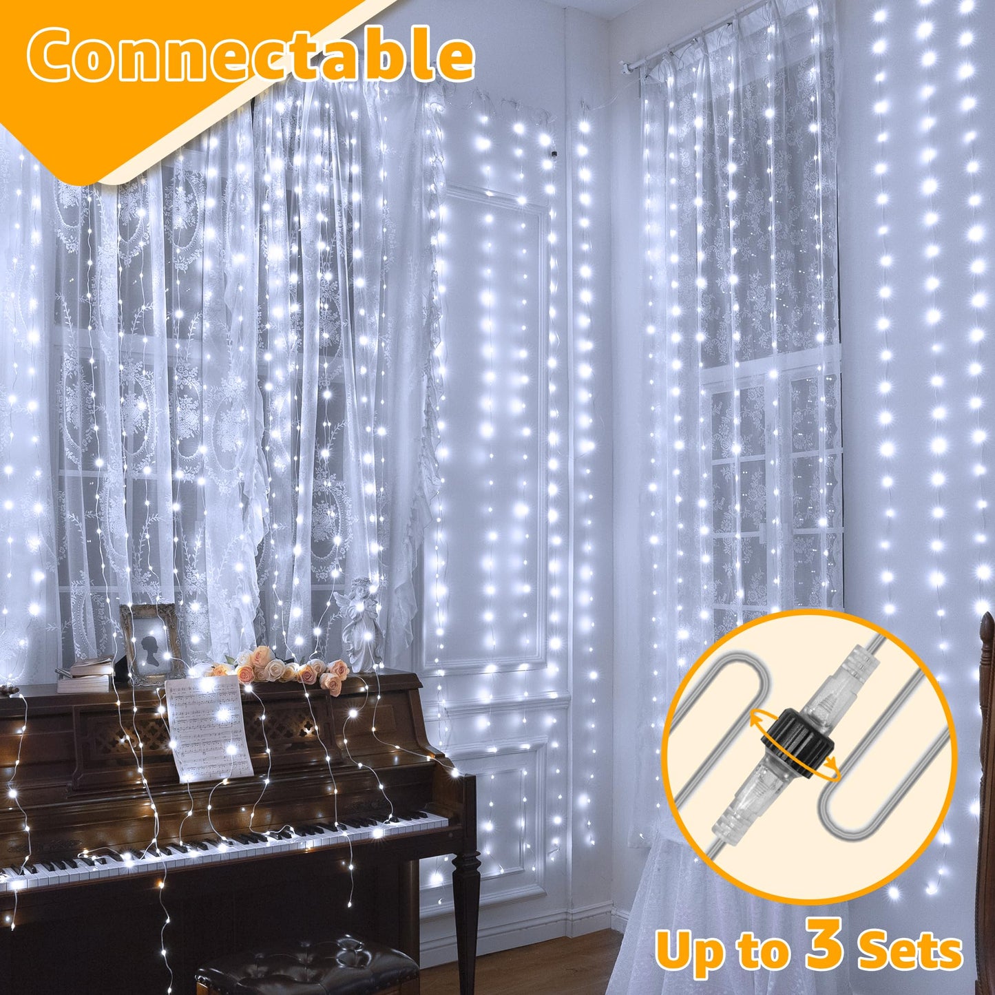 Ollny Curtain Lights 300Led 9.8Ftx9.8Ft  Connectable Ip67 Waterproof Outdoor Curtain String Lights With Remote  Plug-In Untangle Fairy Lights With 8 Modes 3 Timers For Wall Backdrop Decor(Cool White)