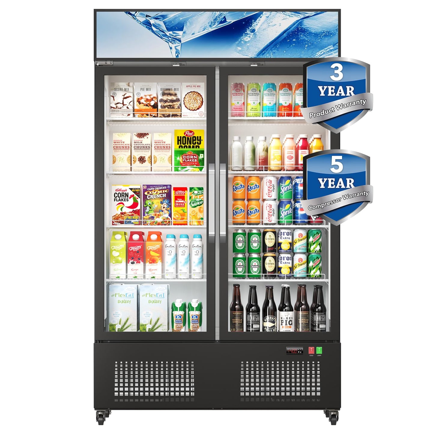 35 Cuft ETL & DOE Certified Commercial Merchandiser Refrigerators 2 Doors,Upright Business Display Retail Fridge Cooler with Adjustable Shelves,Built-in LED Light,Lightbox,Lockable Double Doors,Black