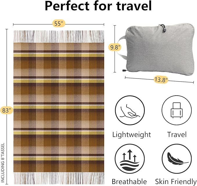 Throw Blanket Plaid with Carry Bag | Soft Wool Travel Blanket 55"x83" 2lbs | Camel Champagne Plaid Decorative Throw for Couch, Camping & Gift