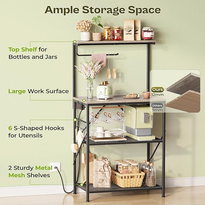 Huuger 4-Tier Bakers Rack with Reversible Power Outlet, 23.6 Inch Microwave Stand, Kitchen Bar, with Top Shelf, 6 S Hooks, Greige