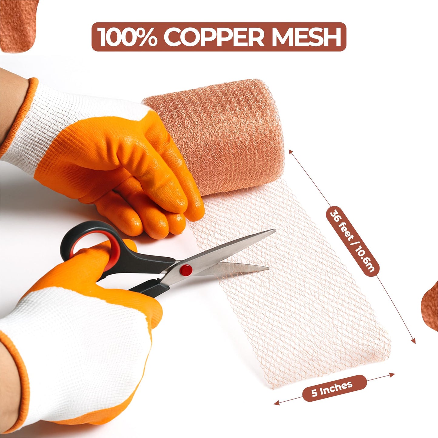 Californistan Copper Mesh Rodent Control, 5in x 36ft- Rustproof Copper Mesh Roll for Rodent, Bat & Snail - Perfect for Hole Blocking, Gardening & Sealing Water Opening - Plus Bonus Scissor & Gloves