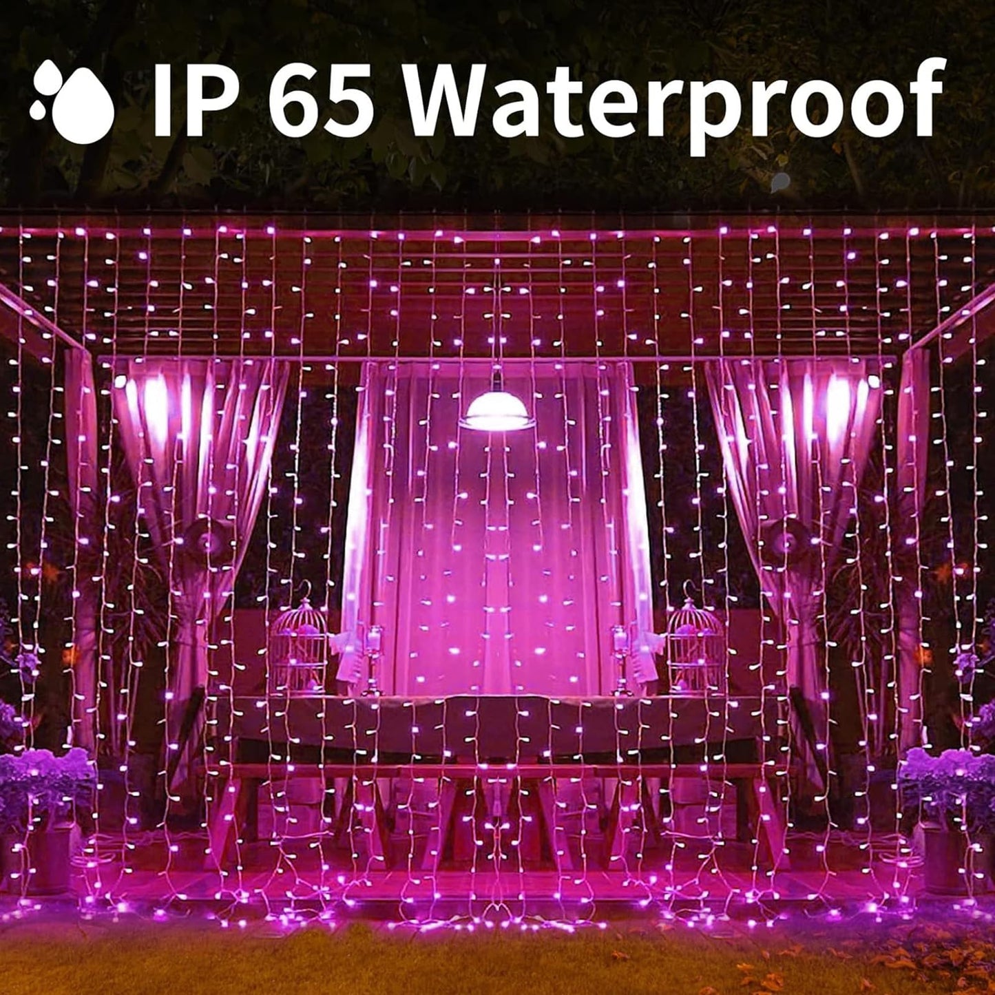 Xinxianlian 300Led Solar Curtain Lights, Waterproof Pink Twinkle Lights For Indoor/Outdoor Use, 8 Modes, Perfect For Home & Garden Decor