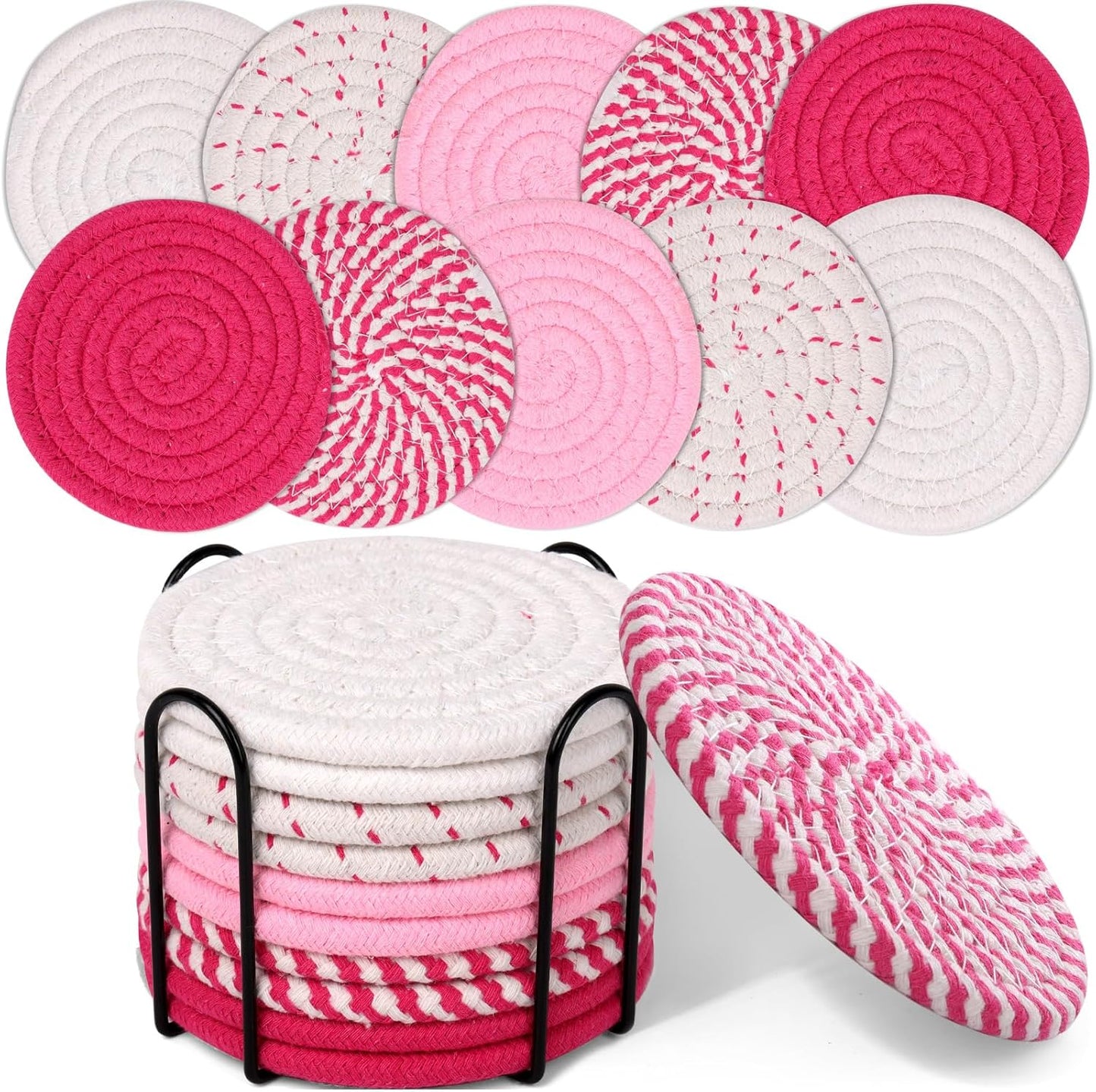Mckanti 10 Pcs Drink Coasters with Holder, 5 Colors Absorbent Coasters for Drinks, Minimalist Boho Coasters Cotton Woven Coaster Set for Home Decor Tabletop Protection Suitable for Kinds of Cups