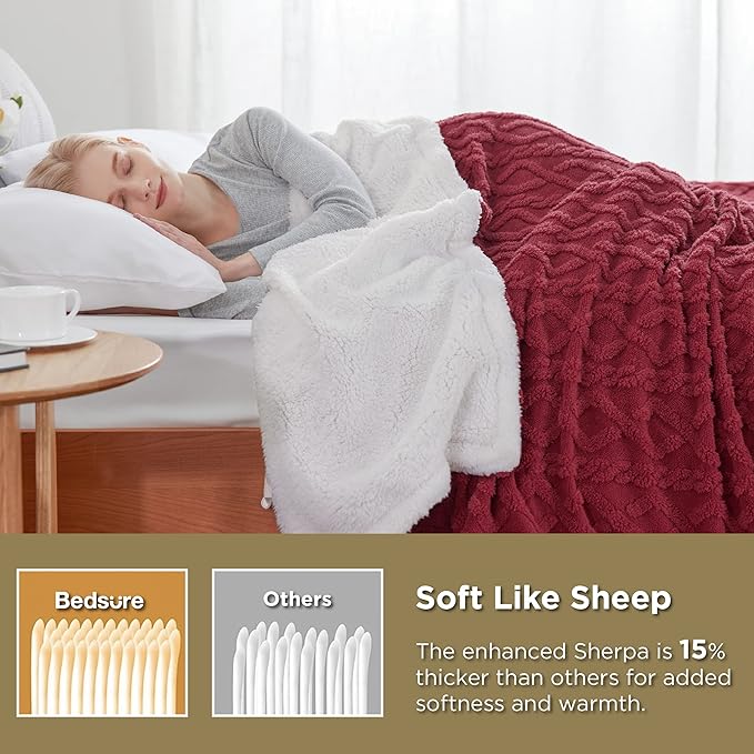 Bedsure Sherpa Fleece Throw Blanket for Couch - GentleSoft Fluffy & Cozy Cable Jacquard Tufted Throw for Women Gift, Thick and Warm Blankets for Winter, Red, 50x60 Inches