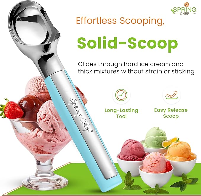 Spring Chef Heavy Duty Metal Ice Cream Scoop - Dishwasher Safe Ice Cream Scooper, Commercial Icecream Scoop Spade, Professional Kitchen Tool for Gelato, Melon, Sundae, Cookie Spoon - Aqua Sky