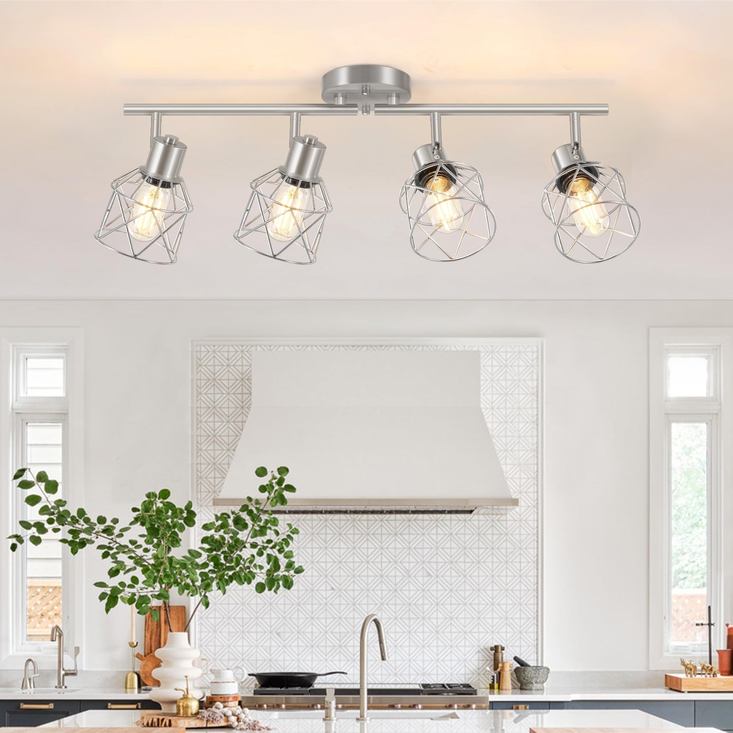 Baocuz 4-Light Kitchen Lighting Fixtures  Adjustable Multi-Directional Brushed Nickel Track Ceiling Light  Semi Flush Mount Ceiling Spotlight With Wire Cages For Living Room  Bedroom  Hallway