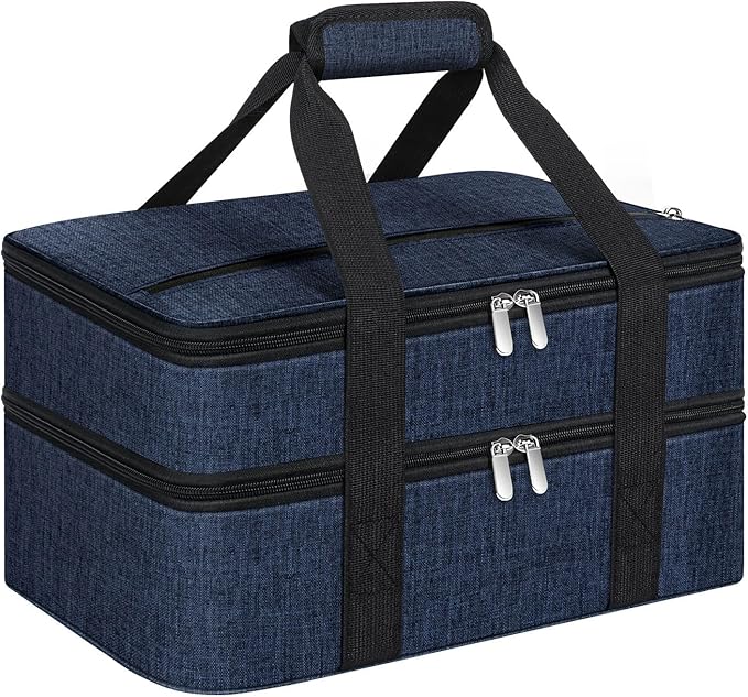 Double Insulated Casserole Carrier, Portable Casserole Carrier for Hot or Cold Food Lunch Tote Warmer or Cooler Bag, Lasagna Lunch Bag for Potluck Parties- Fits 9" x 13" Baking Dish-Navy blue