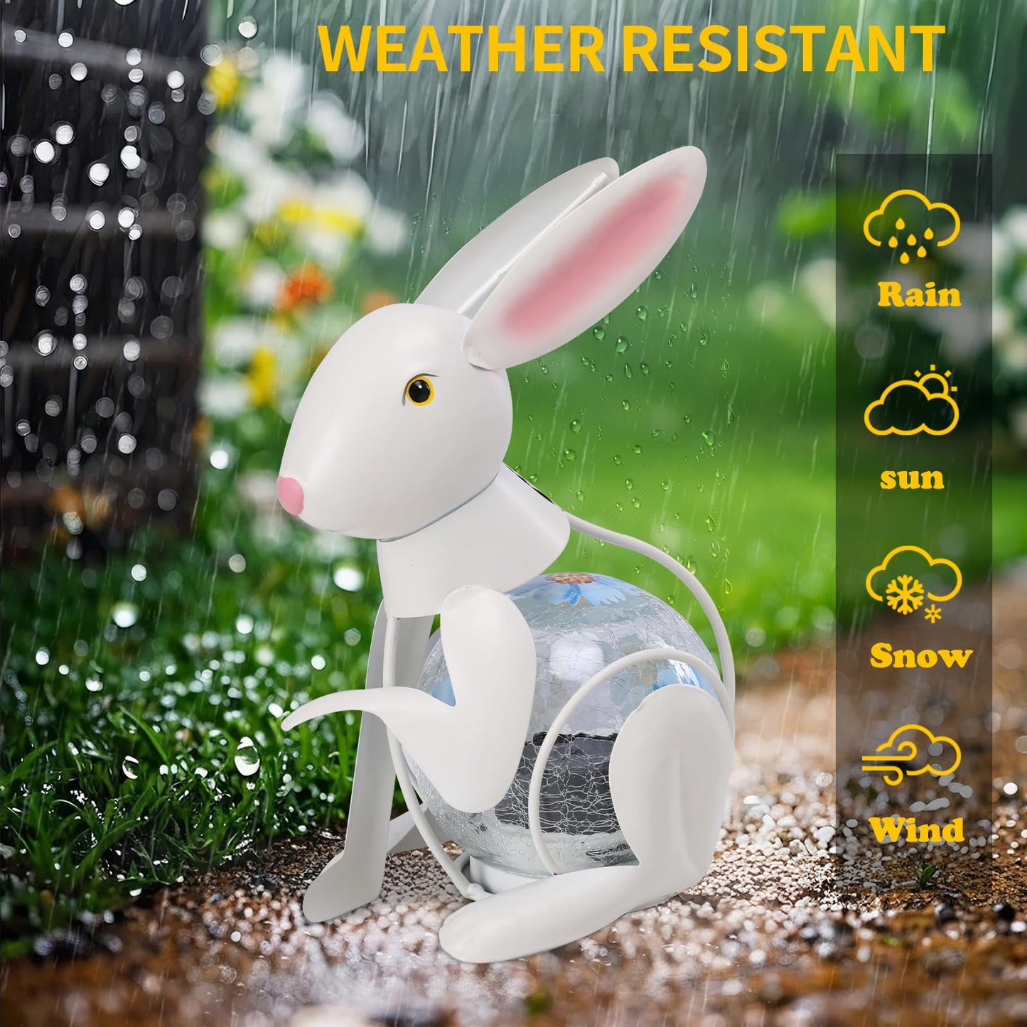 MUMTOP Solar Lantern - Waterproof White Metal Rabbit Decorative Light,  ed Glass, Tabletop Lantern for Yard Patio Garden