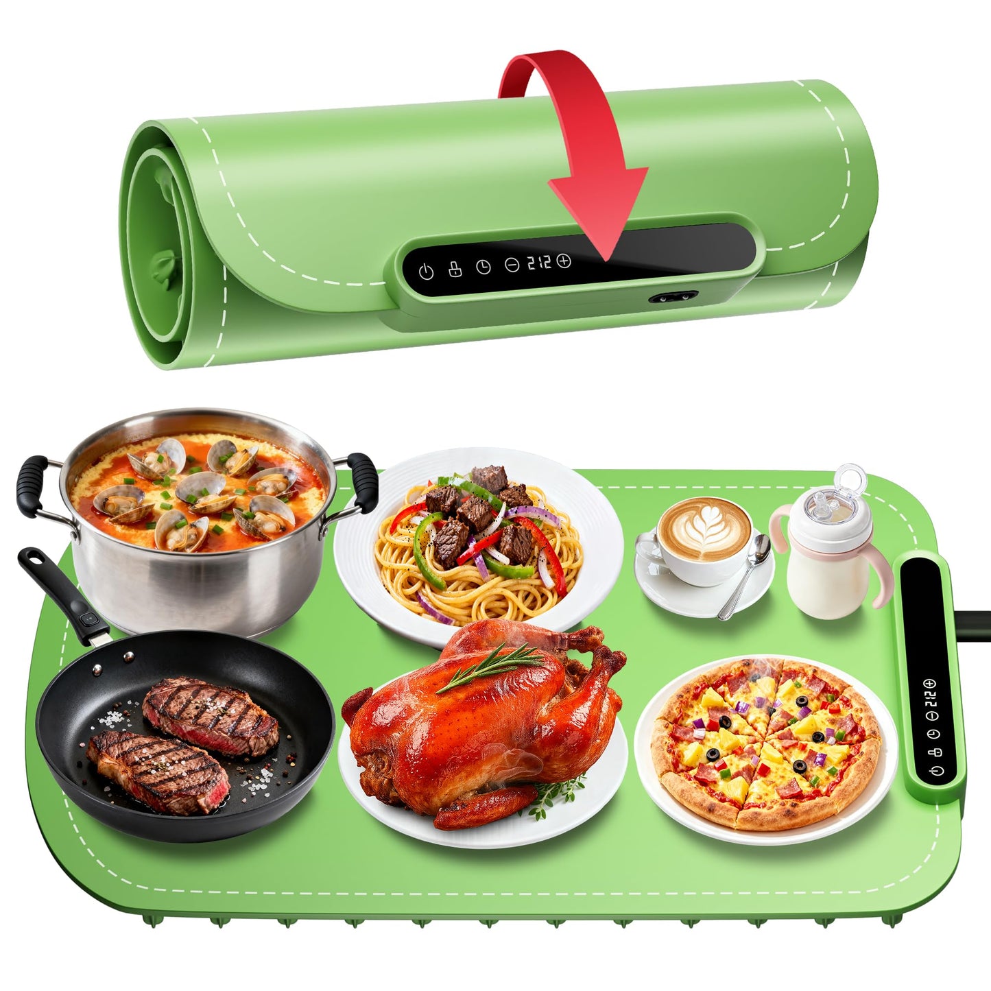 Warming Mat for Food, Upgraded Fast-Heating Electric Warming Tray with 7 Temp Levels & 8 Timers, Buffet Raised Feet & Rollable Silicone Heat Pad, Portable Food Warmer for Home, Party & Travel(Green)