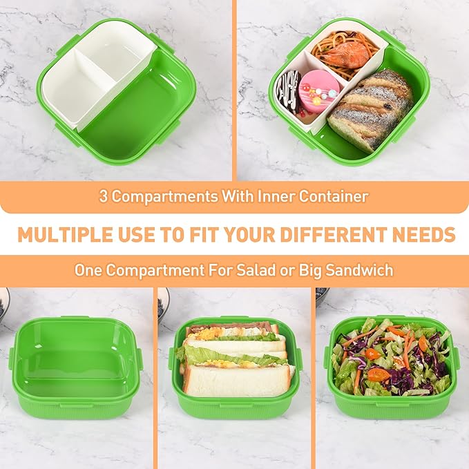 Square Bento Box with Removable Compartments for Adults & Kids - 1000ml Leak Proof Lunch Box with Utensils, BPA-Free, Microwave & Dishwasher Safe, Portable(Green)