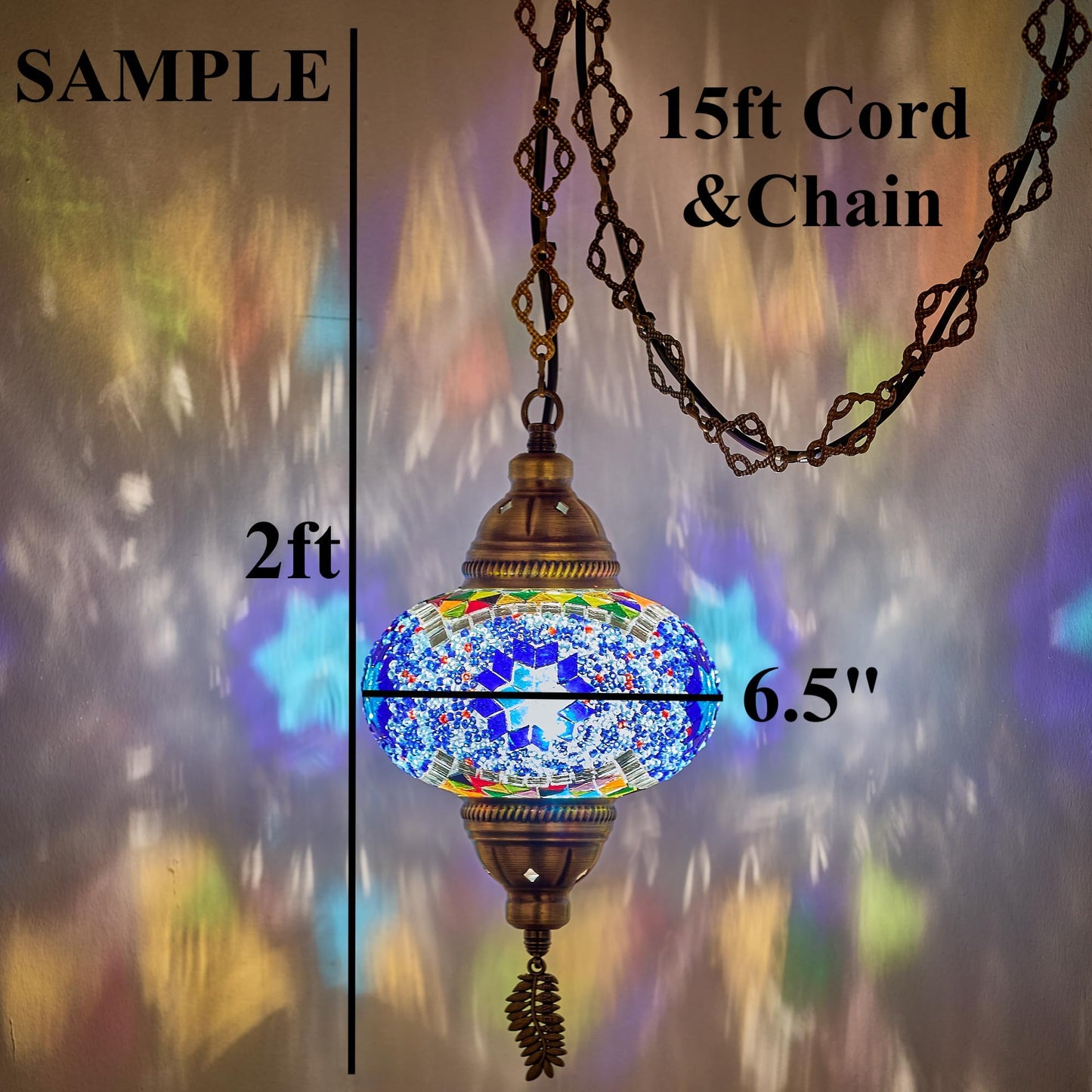 DEMMEX Turkish Mosaic Plug-in Swag Pendant Light, Large 6.5in Globe, Multicolor, Handmade, Model DEMMEXSWAG1