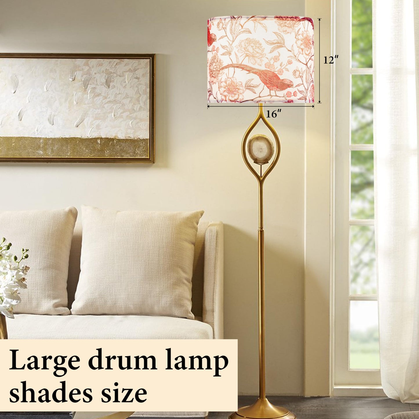 Go&So 1 Pack Floral Bird Large Drum Lamp Shade 1.65Spider E27 Base 16 X16 X12 Printed Pattern Design Diy Assembly With Multi-Adapter (E26/E14/10Mm) Ideal For Floor/Table Lamps/Pendant Lighting