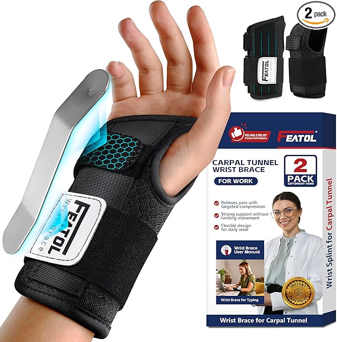 FEATOL 2 Pack Carpal Tunnel Wrist Brace For Work With Wrist Splint, 6.5'' Hand Brace Night Support For Women Men, Pain Rel...