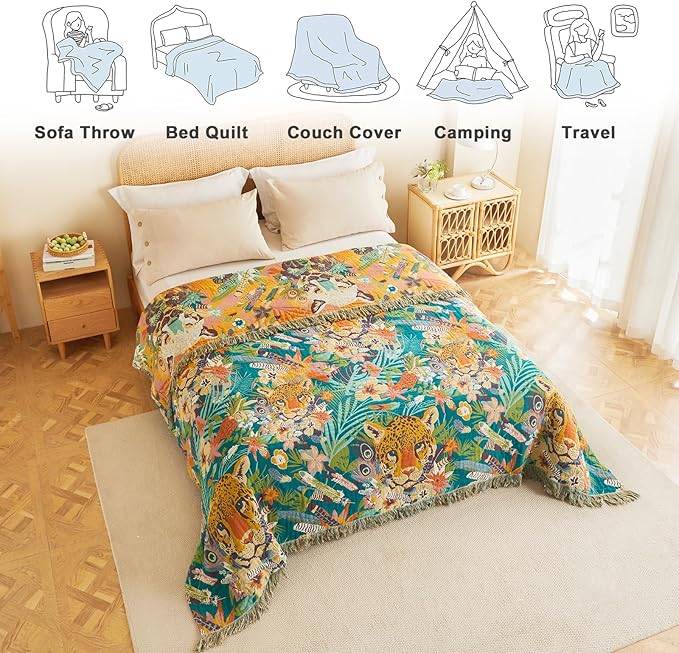 MSGKV Throw Blanket for Couch Bed Cotton Leopard Animals Twin Size Blanket 60"x80" Muslin Breathable All Seasons Lightweight Farmhouse Blankets