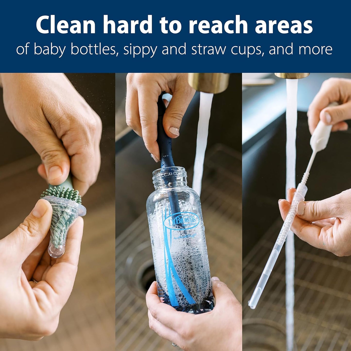 Dr. Brown's Complete Bottle Cleaning Set - 3-Pack Silicone Brush Set (Bottle, Spout & Straw) + 3-Pack Bottle Brush with Sponge & Scrubber