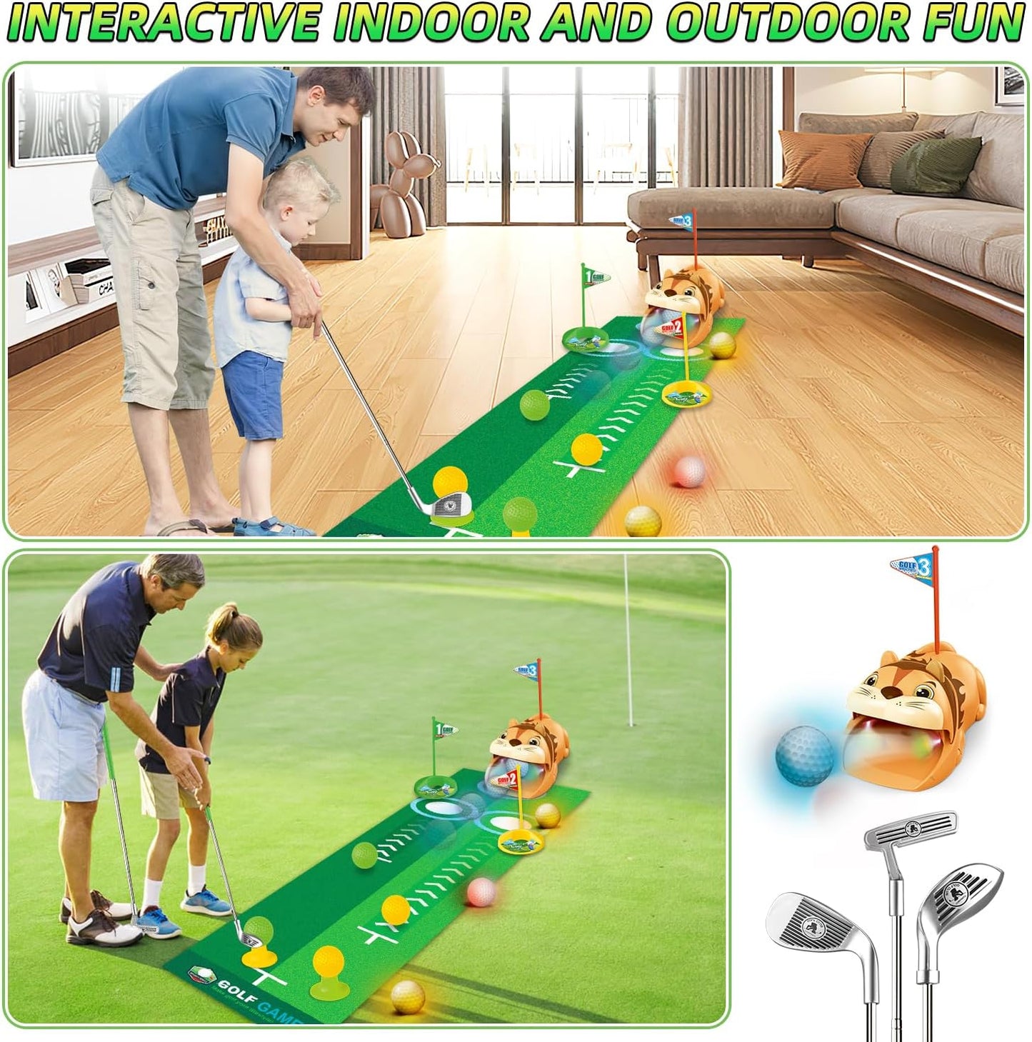 Toddler Golf Set for Age 3+ - Kids Golf Clubs Retractable with Light Automatic Golf Returner, 4 Glow Golf Balls and Putting Mat - Golf Games Sports Toys Gift for Outdoor Indoor Play