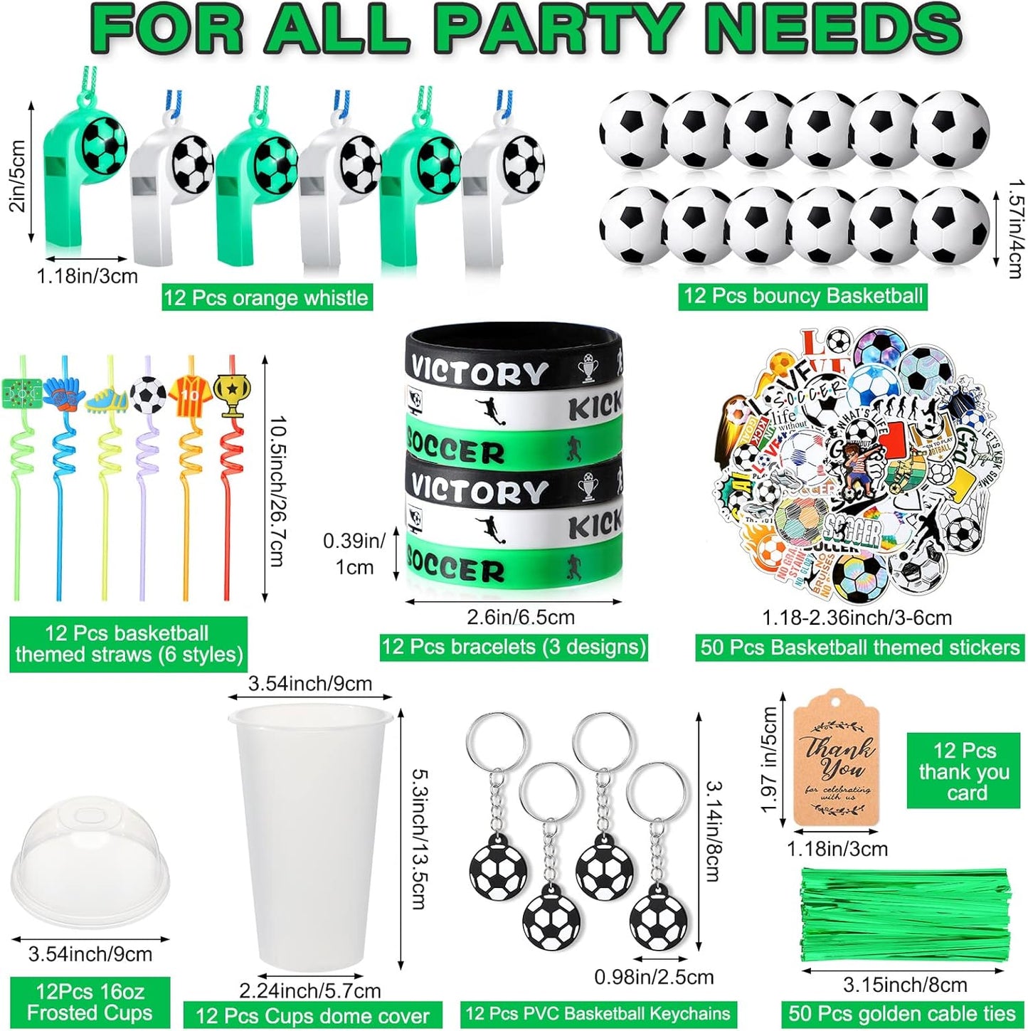 Weysat 184 Pcs Soccer Party Favors Party Supplies with Cup Straw Stress Ball Keychain Sticker Bracelet Whistle Thank You Tags for Birthday Decorations (Soccer)