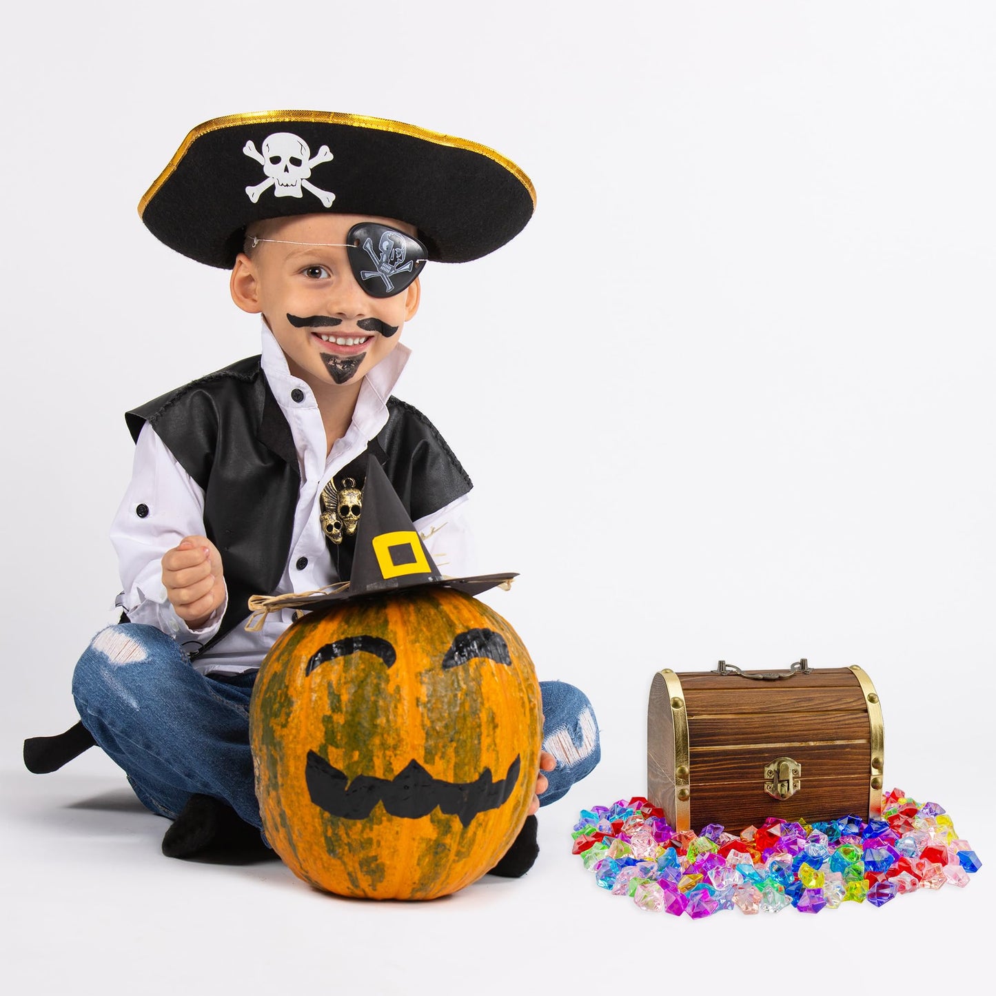Attatoy Wooden Pirate Treasure Chest with 240 Colored Jewels (Plastic Gems); 6 x 4.5 x 5 Antique Style Wood Box; 1 Lb. Acrylic G