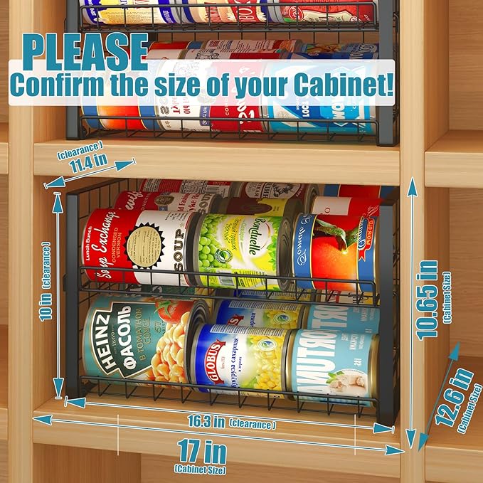 JKsmart 2-Tier Stackable Can Rack Organizer for Pantry, Adjustable Can Dispenser Holds Up to 62 Cans, Can Storage Holder for Various Ounces of Canned Food Soda Drinks, Black, 2 Pack (Petent Pending)