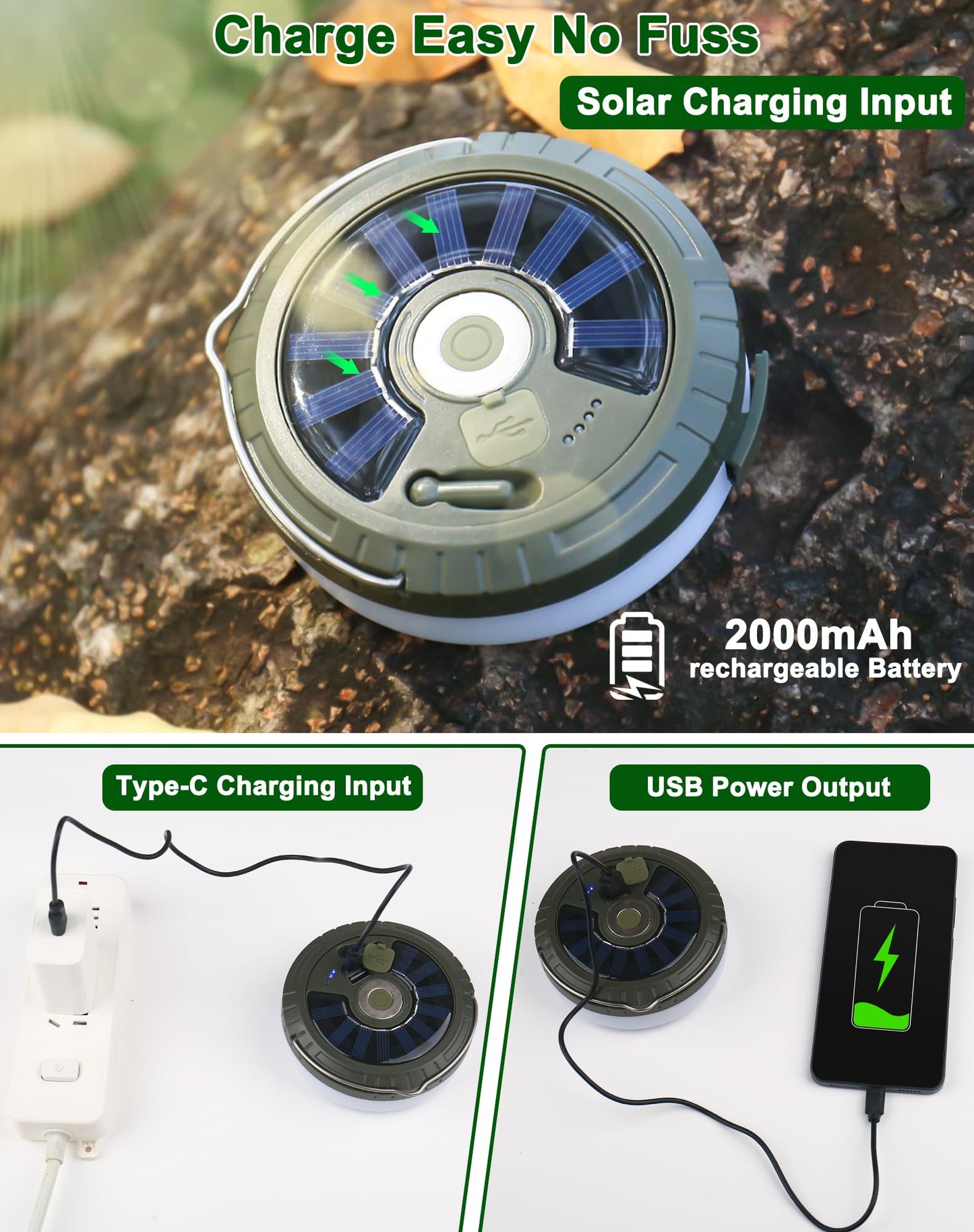 Toiysyy Solar String Lights, 32.8FT Waterproof Fairy Lights, 5 Modes, USB Rechargeable, Portable Green Tent Lights, Model MH-0518