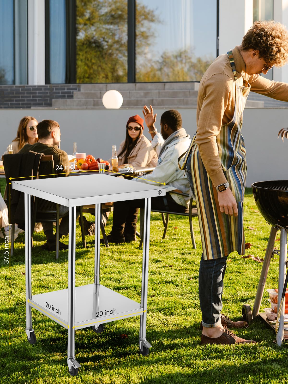 FOHERE Stainless Steel Table, Prep Table W/4 Caster Wheels, 400 LBS Load Capacity，NSF Commercial for Restaurant, Home and Hotel (24×24 in)