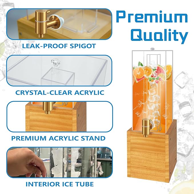 Beverage Dispenser with Stand, 2 Gallon Drink Dispenser, Drink Dispensers for Parties, Individual Ice Container (Wood)