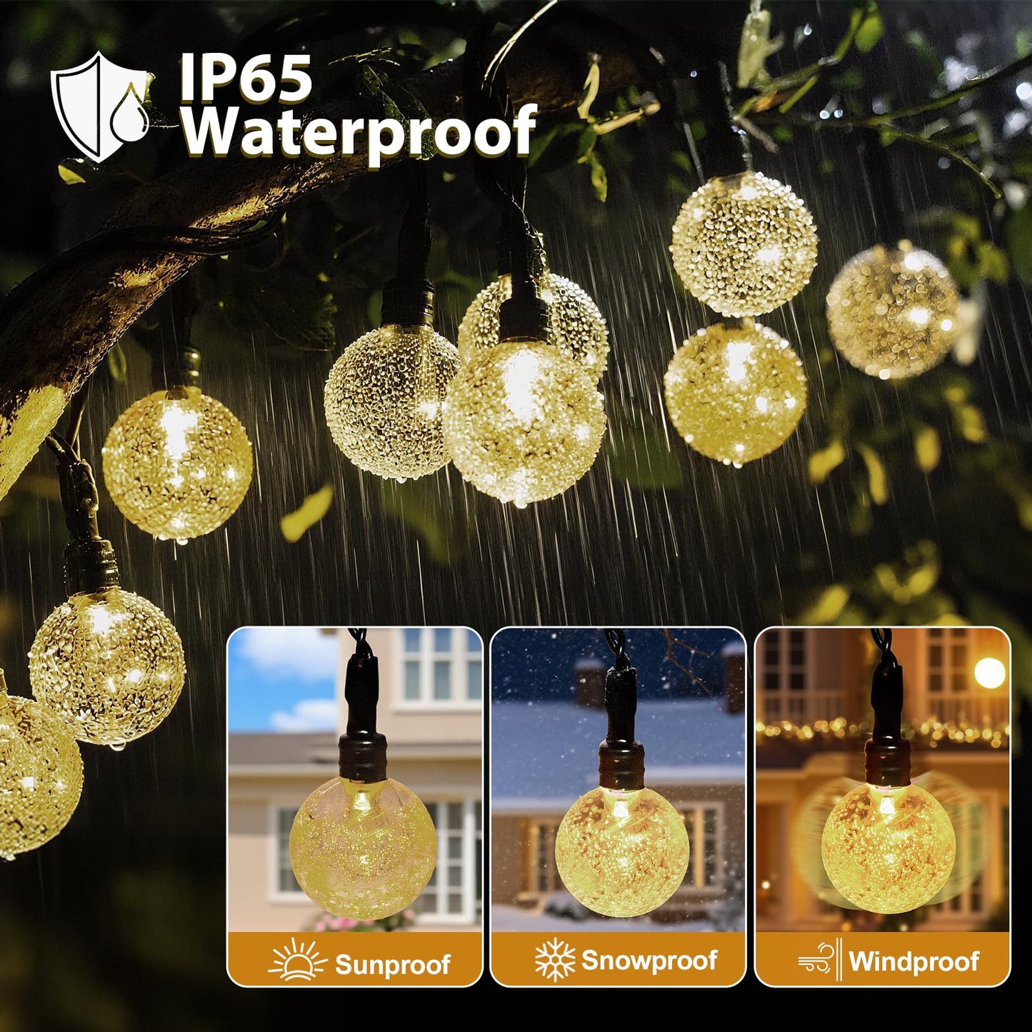 SeaShine 22ft Rechargeable Battery Operated String Lights - 50LEDs Crystal Globe, IP65 Waterproof, Warm White